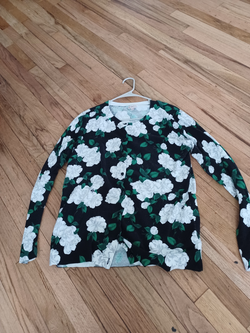 Merona Black Cardigan with White Floral and Green Leaves